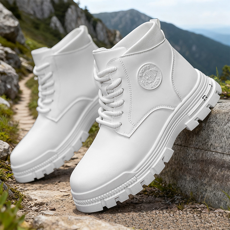Outdoor Camping Outfit - Men Solid White Leather Combat Boots,